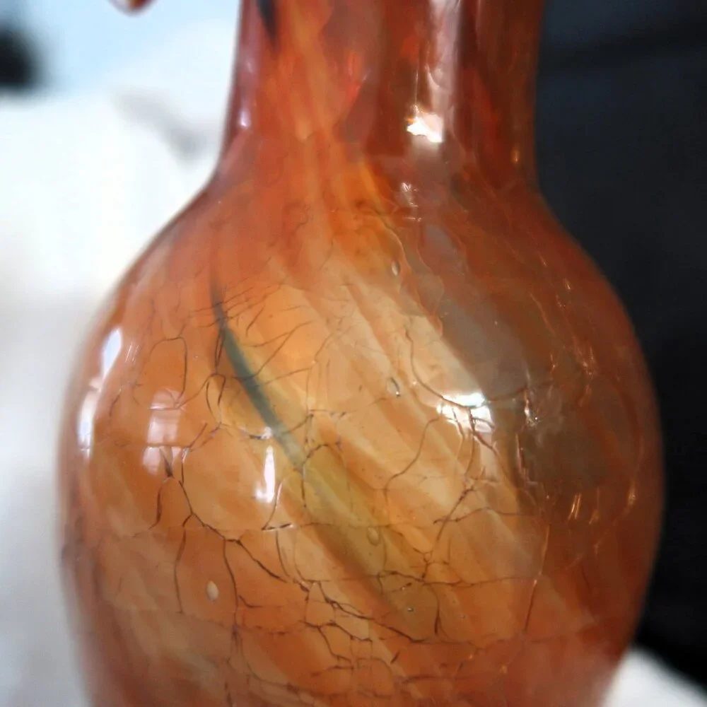 Vintage Hand Blown Orange Crackle Glass Ruffled Vase 9In Eye Catcher Home Decor